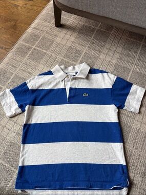 Lacoste Kids Blue and White Wide-Stripe Polo